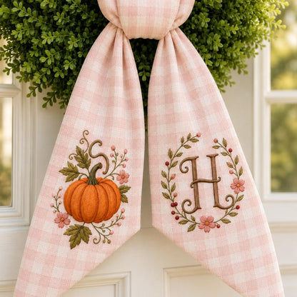 Personalized Fall Wreath Sash, Embroidered Pumpkin Door Bow