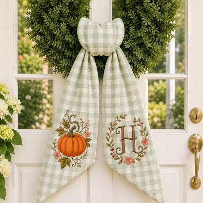 Personalized Fall Wreath Sash, Embroidered Pumpkin Door Bow