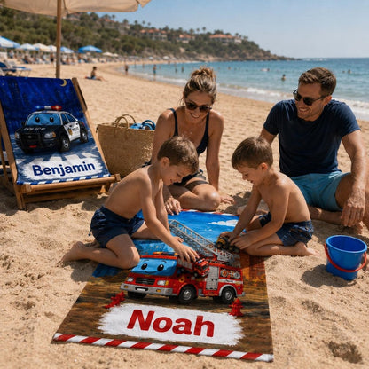 Personalized Kids Beach Towel, Custom Name Construction Truck Towel