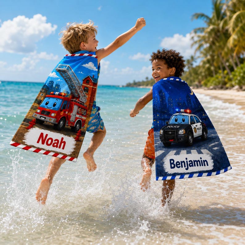 Personalized Kids Beach Towel, Custom Name Construction Truck Towel