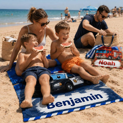 Personalized Kids Beach Towel, Custom Name Construction Truck Towel
