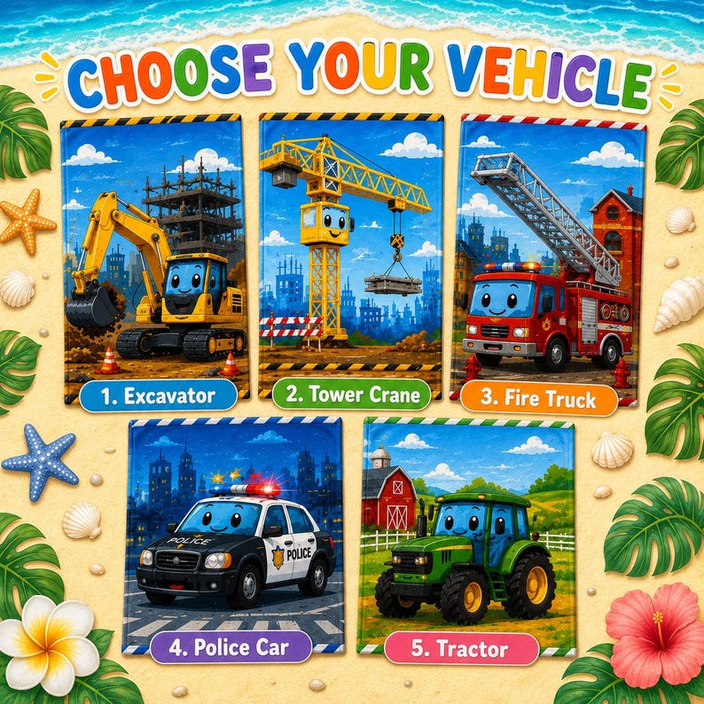 Personalized Kids Beach Towel, Custom Name Construction Truck Towel