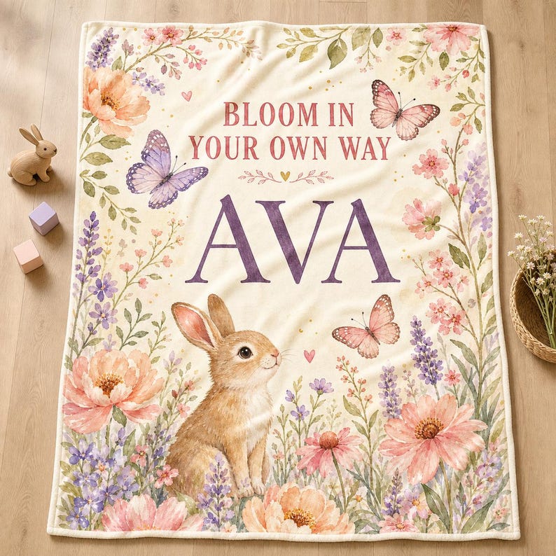 Personalized Bunny Baby Blanket, Custom Name Butterfly Floral Blanket