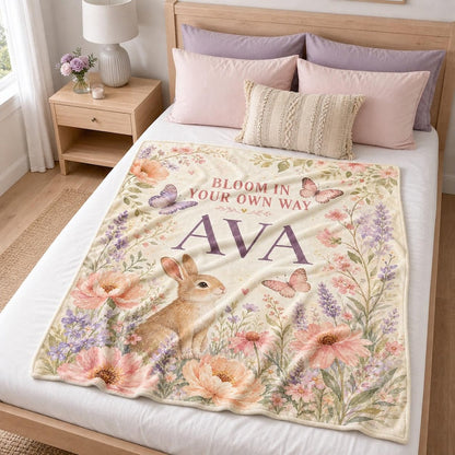 Personalized Bunny Baby Blanket, Custom Name Butterfly Floral Blanket