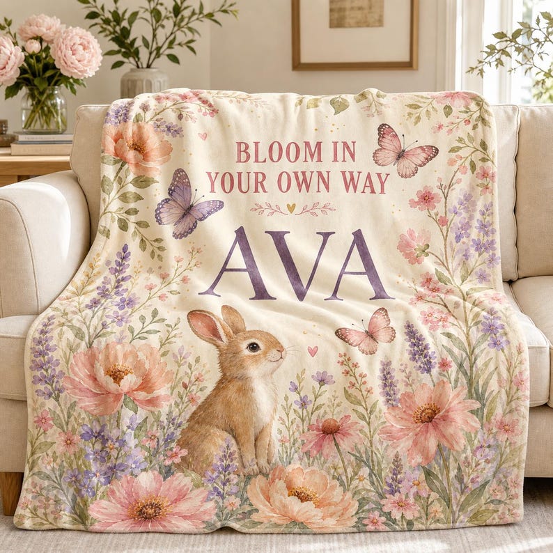 Personalized Bunny Baby Blanket, Custom Name Butterfly Floral Blanket