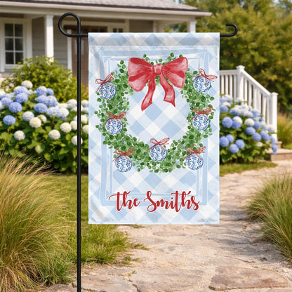 Personalized Christmas Wreath Garden Flag | Custom Family Name Yard Flag