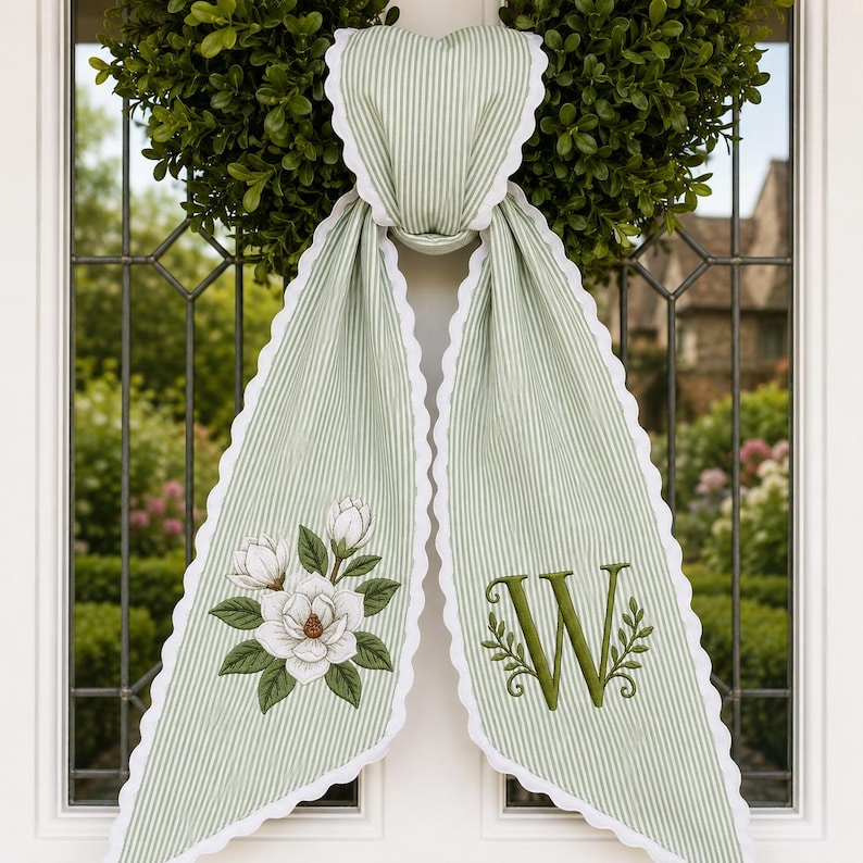 Custom Magnolia Wreath Sash, Personalize Monogram Bow Wedding Decor