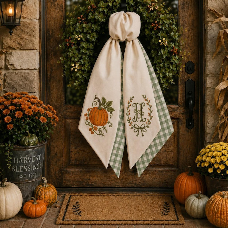 Monogrammed Pumkin Halloween Thanksgiving Fall Wreath Sash