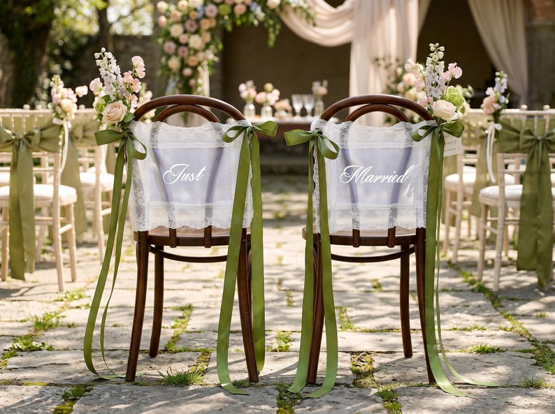 Personalized Lace Just Married Wedding Chair Sash | Custom Bride Groom Chair Banner