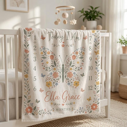 Personalized Butterfly Baby Milestone Blanket, Custom Name Baby Blanket Girl