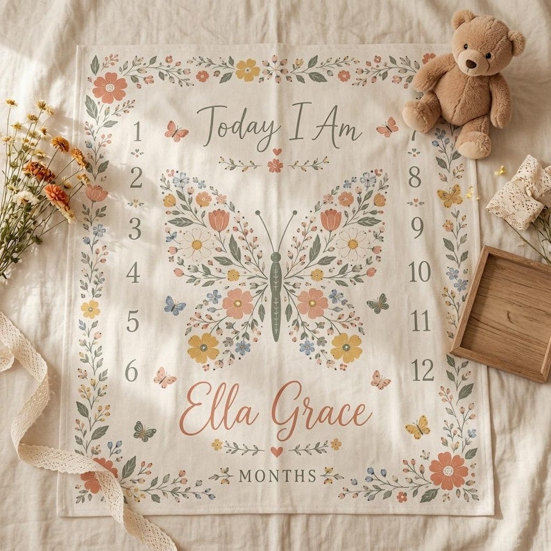 Personalized Butterfly Baby Milestone Blanket, Custom Name Baby Blanket Girl