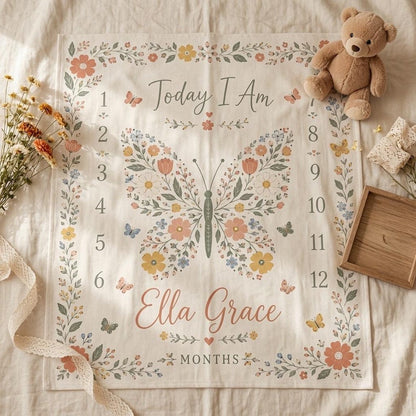 Personalized Butterfly Baby Milestone Blanket, Custom Name Baby Blanket Girl