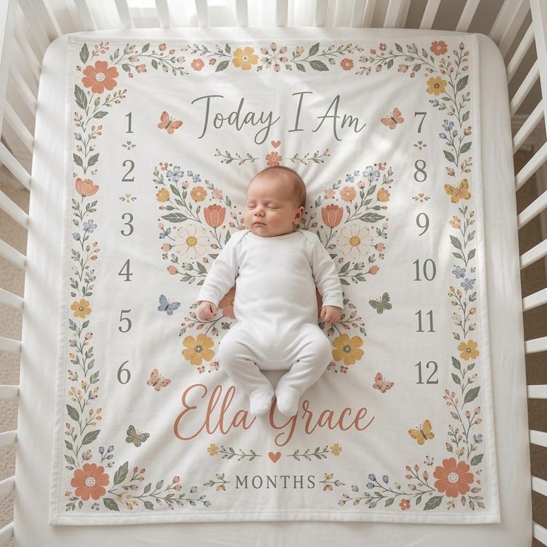 Personalized Butterfly Baby Milestone Blanket, Custom Name Baby Blanket Girl