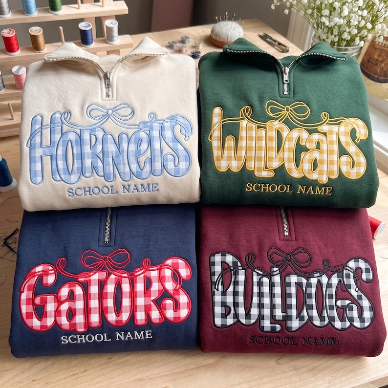 Custom Mascot  Bow Quarter Zip Sweatshirt, Personalized Applique School Spirit Pullover