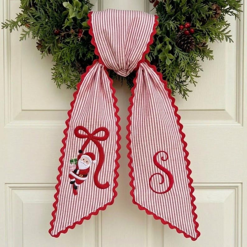 Personalized Christmas Wreath Sash, Santa Monogram Ribbon