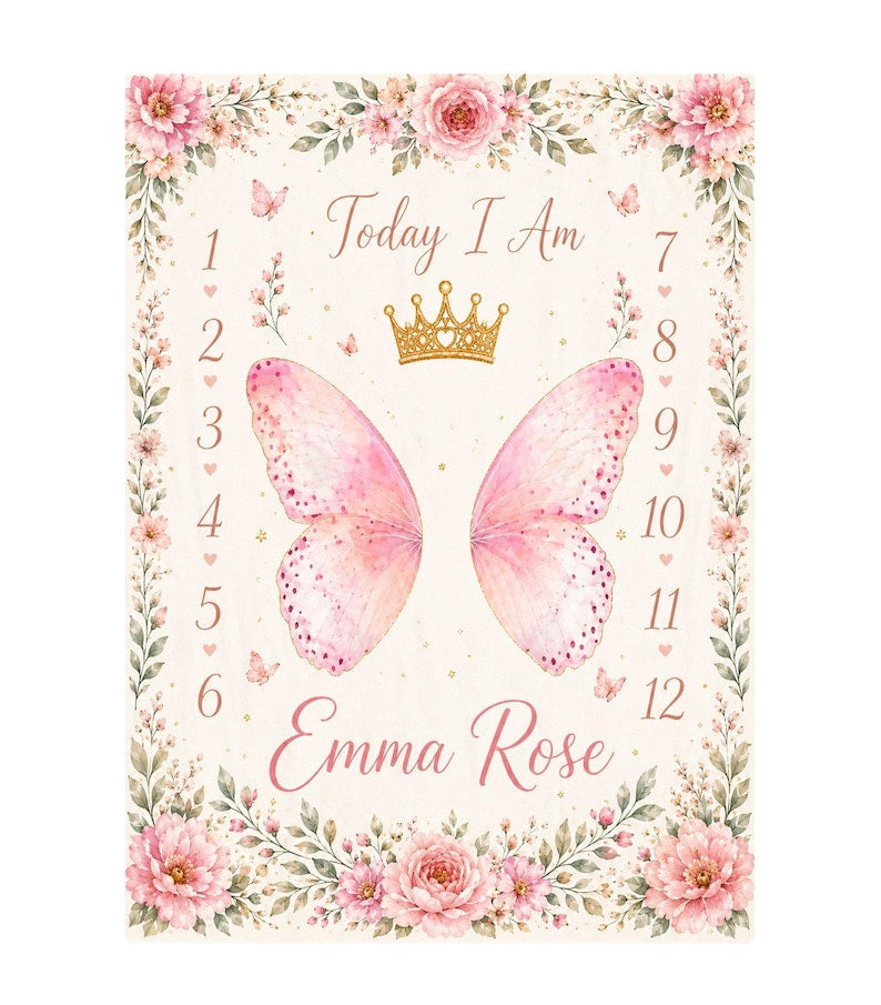 Custom Butterfly Baby Milestone Blanket, Personalized Floral Baby Shower Gift