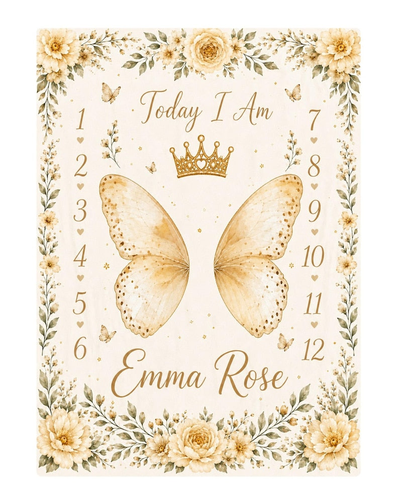 Custom Butterfly Baby Milestone Blanket, Personalized Floral Baby Shower Gift