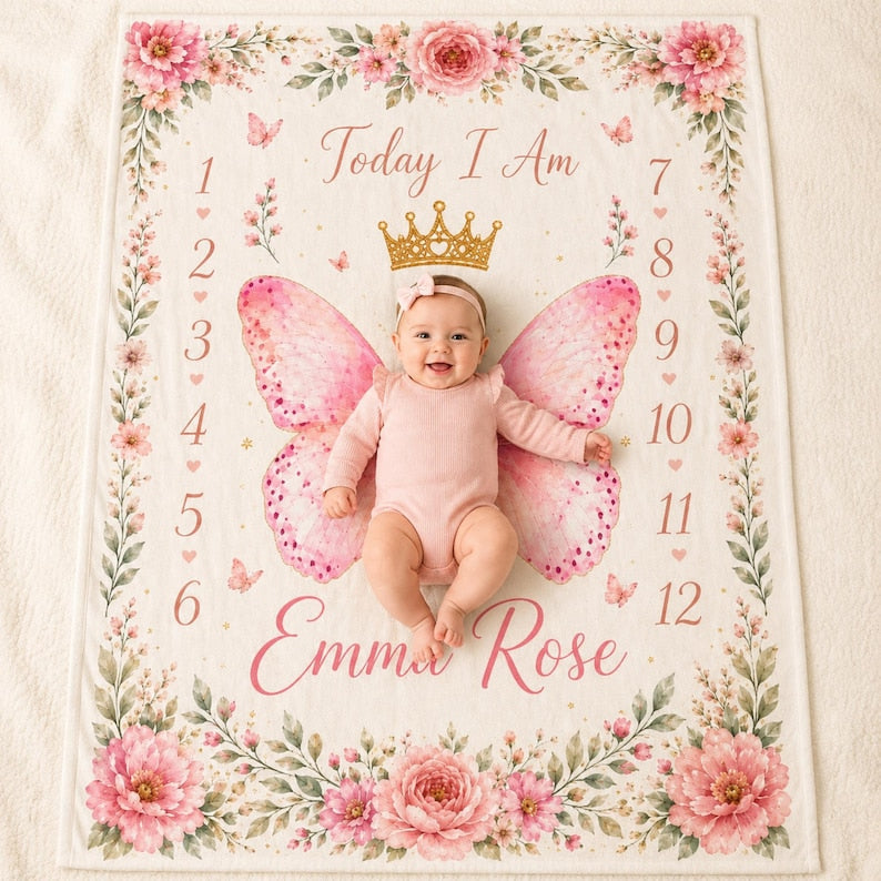 Custom Butterfly Baby Milestone Blanket, Personalized Floral Baby Shower Gift
