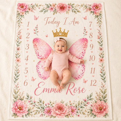 Custom Butterfly Baby Milestone Blanket, Personalized Floral Baby Shower Gift