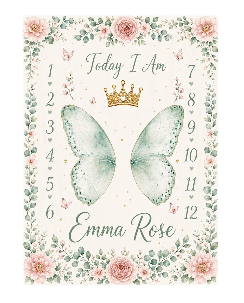 Custom Butterfly Baby Milestone Blanket, Personalized Floral Baby Shower Gift