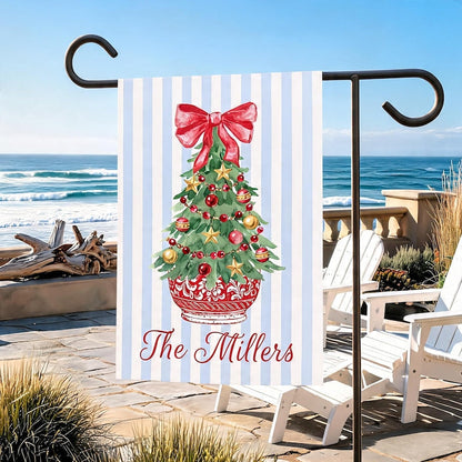 Personalized Christmas Tree Garden Flag, Watercolor Family Name Decor