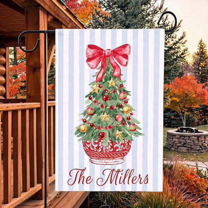 Personalized Christmas Tree Garden Flag, Watercolor Family Name Decor