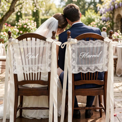 Personalized Lace Just Married Wedding Chair Sash | Custom Bride Groom Chair Banner
