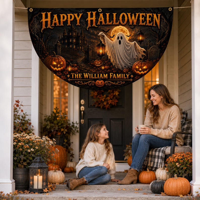 Personalized Happy Halloween Bunting Flag, Custom Family Name Halloween Banner