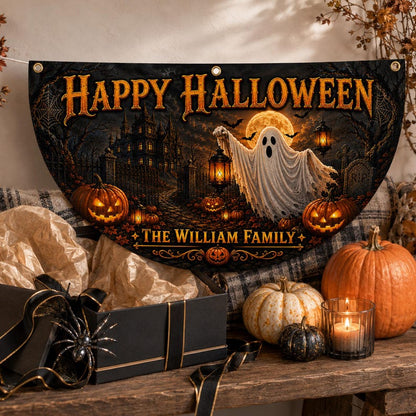 Personalized Happy Halloween Bunting Flag, Custom Family Name Halloween Banner