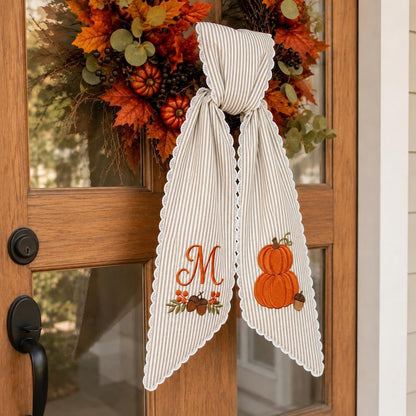 Pumpkin Monogram Wreath Sash, Personalized Fall Door Bow, Autumn Harvest Front Door Decor
