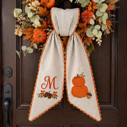 Pumpkin Monogram Wreath Sash, Personalized Fall Door Bow, Autumn Harvest Front Door Decor