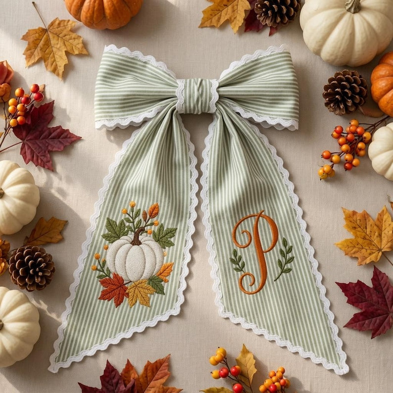 Personalized Pumpkin Wreath Sash -  Fall Monogram Gingham Door Bow