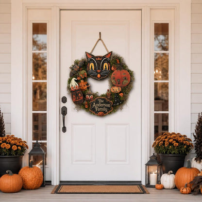 Custom Halloween Wooden Door Sign, Personalized Black Cat Pumpkin Door Hanger