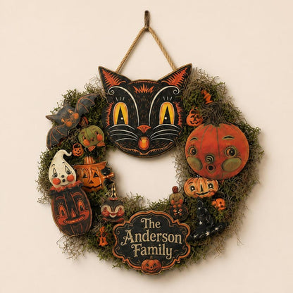 Custom Halloween Wooden Door Sign, Personalized Black Cat Pumpkin Door Hanger