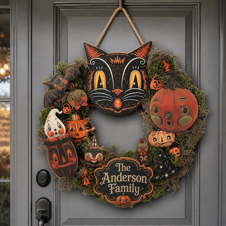 Custom Halloween Wooden Door Sign, Personalized Black Cat Pumpkin Door Hanger