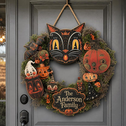 Custom Halloween Wooden Door Sign, Personalized Black Cat Pumpkin Door Hanger