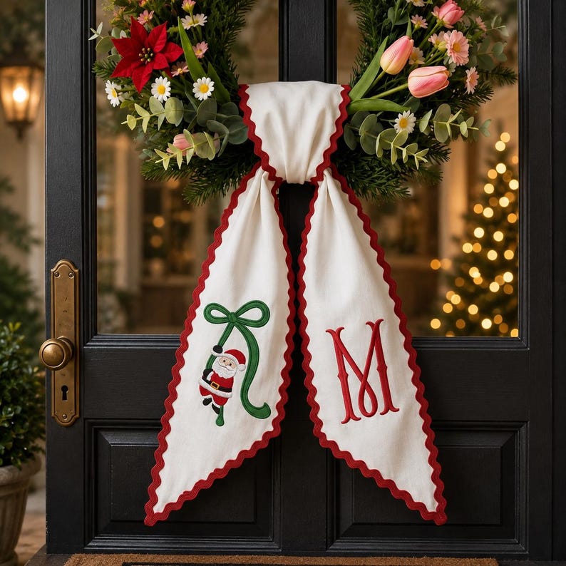 Personalized Christmas Wreath Sash with, Santa and Monogram
