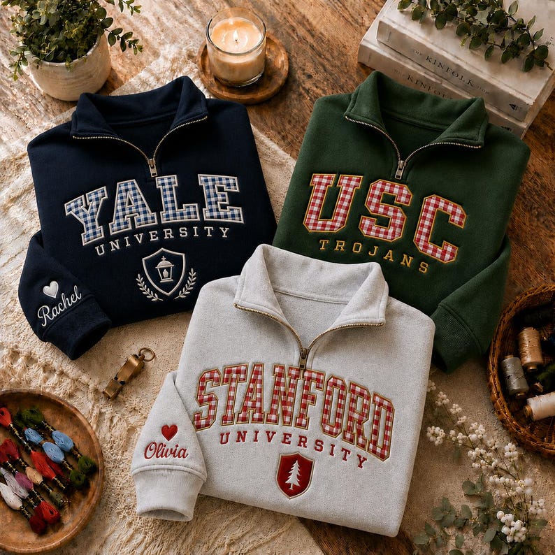 Custom Gingham College Quarter Zip Sweatshirt
