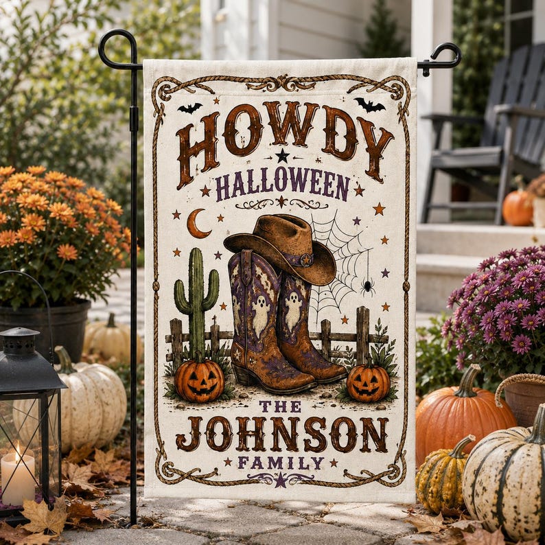 Personalized Howdy Halloween Garden Flag, Custom Family Name Western Cowboy Boots Yard Flag
