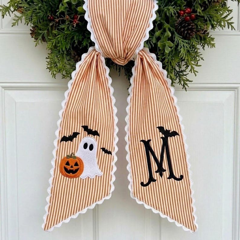 Personalized Halloween Wreath Sash, Monogram Ghost Pumpkin Door Decor