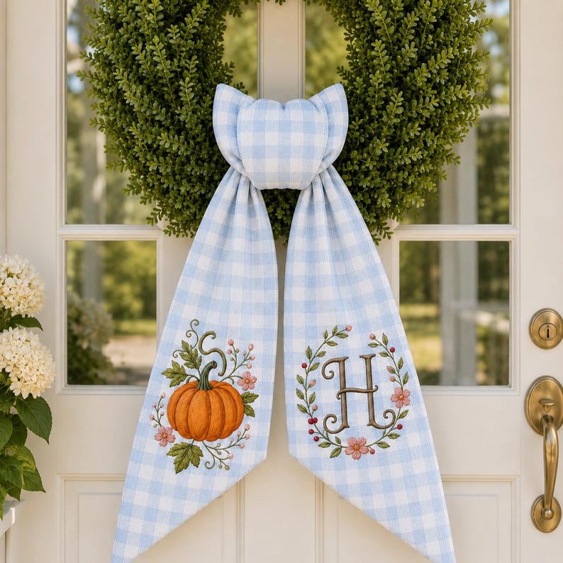 Personalized Fall Wreath Sash, Embroidered Pumpkin Door Bow
