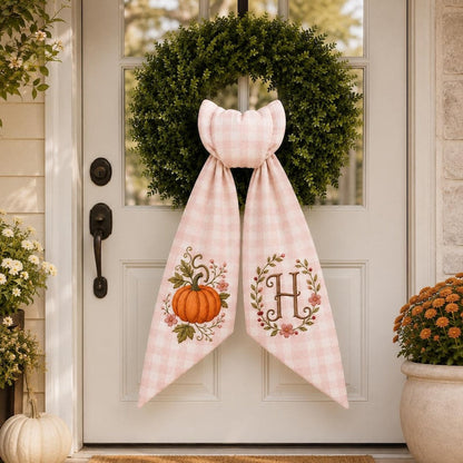 Personalized Fall Wreath Sash, Embroidered Pumpkin Door Bow