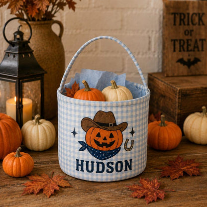 Personalized Halloween Printed Basket, Custom Trick or Treat Bag, Gingham Candy Bucket Kid
