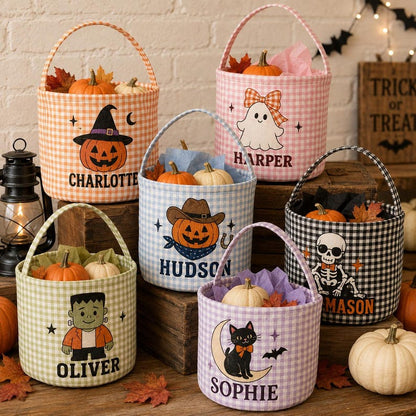 Personalized Halloween Printed Basket, Custom Trick or Treat Bag, Gingham Candy Bucket Kid