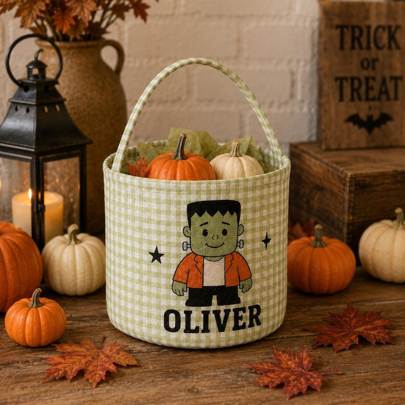 Personalized Halloween Printed Basket, Custom Trick or Treat Bag, Gingham Candy Bucket Kid