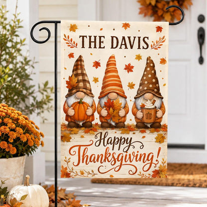 Personalized Thanksgiving Gnome Garden Flag, Custom Family Fall Pumpkin Yard Flag