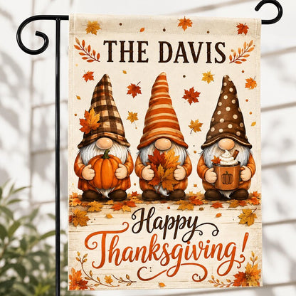 Personalized Thanksgiving Gnome Garden Flag, Custom Family Fall Pumpkin Yard Flag