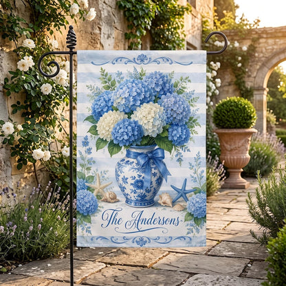 Personalized Blue Hydrangea Garden Flag, Custom Family Name Yard Banner
