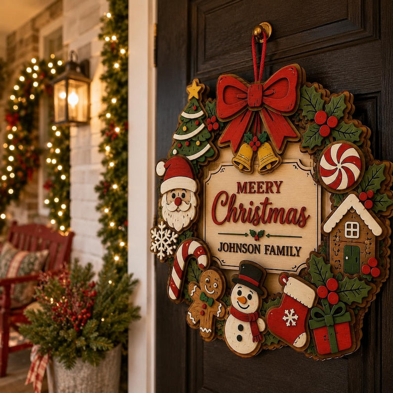 Personalized Christmas Door Sign Custom Family Name Wreath Merry Xmas Wall Hanging Holiday