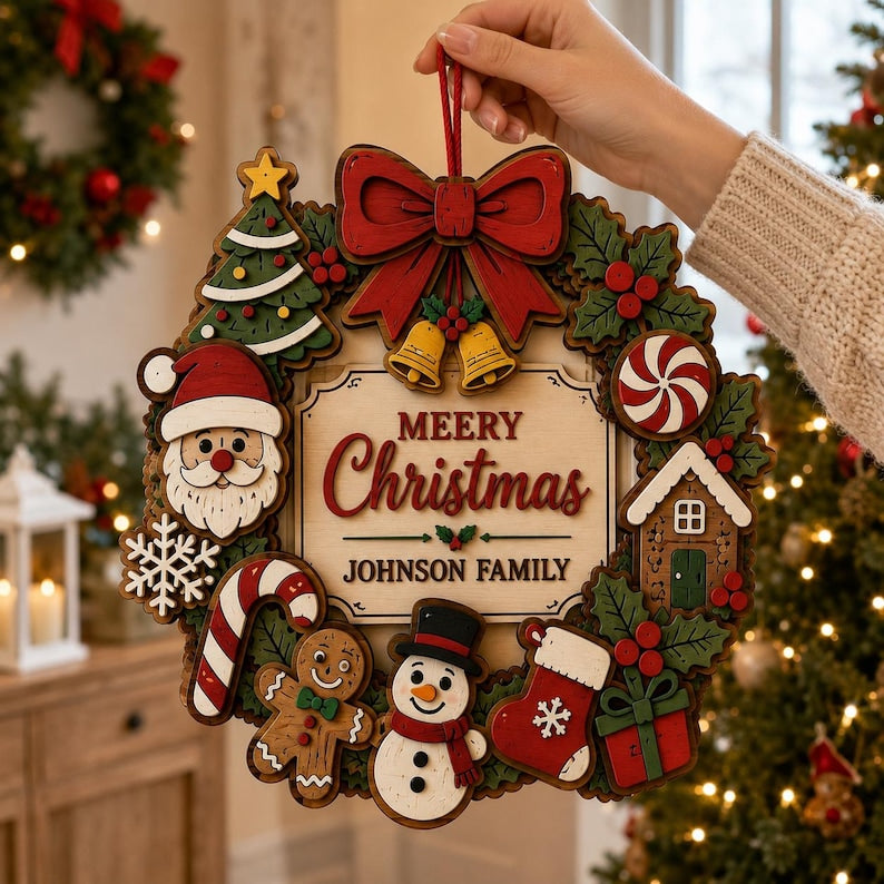 Personalized Christmas Door Sign Custom Family Name Wreath Merry Xmas Wall Hanging Holiday